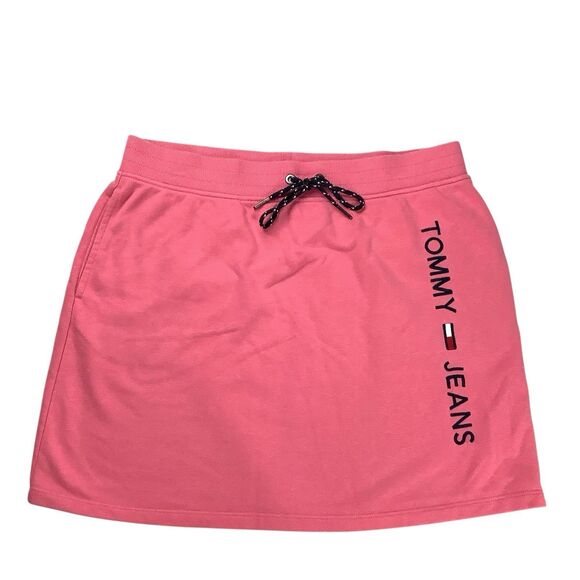 Tommy Hilfiger Mini Skirt Sz L Pink Elastic Waist Athletic Embroidered Logo Y2K - Picture 1 of 8